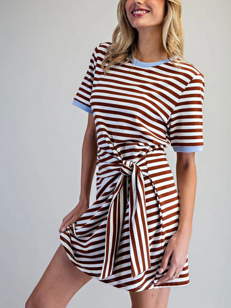 Cassie striped waist tie dress / chocolate