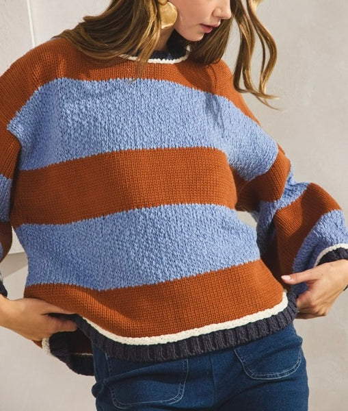 fun stripes sweater / mocha & blue
