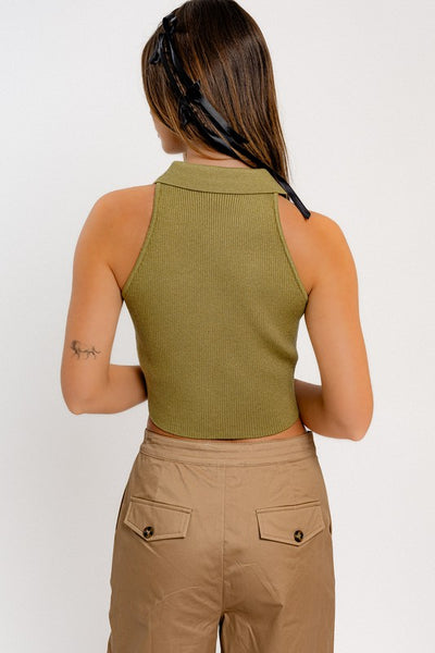 collared 1/4 zip sweater top // moss green