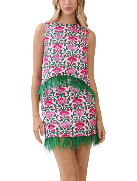 Palm Royale feather trim skirt set / hot pink & green
