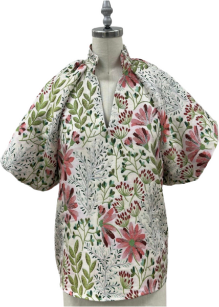 THML puff sleeve floral top / cream