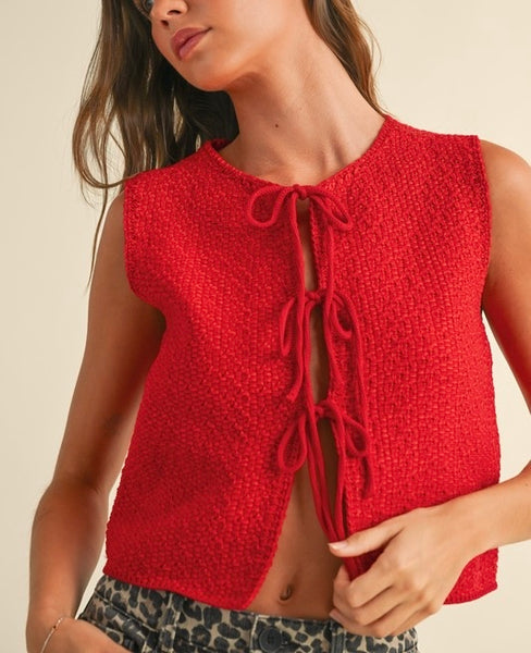 tie front knitted vest / red