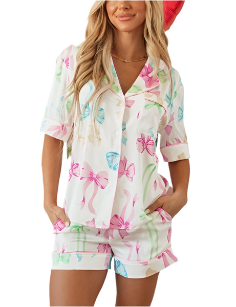 satin pj bows short set / white