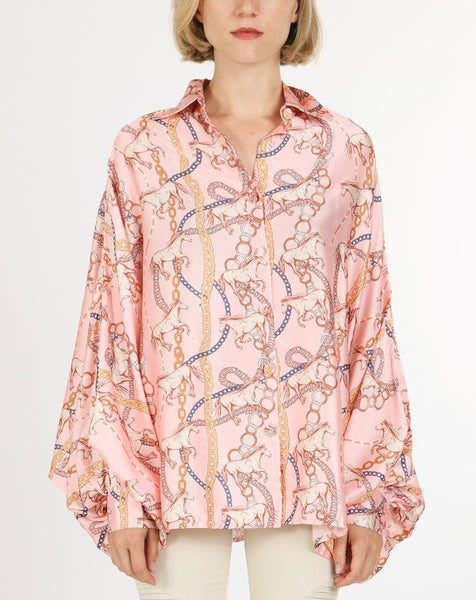 satin horse print oversized button up / pink