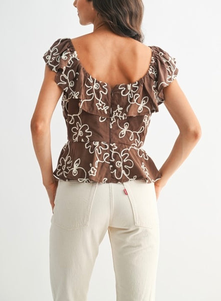 Camelia floral embroidered ruffle top / chestnut