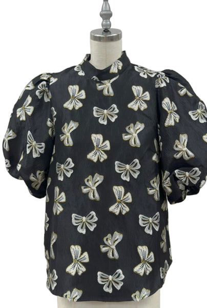 THML puff sleeve  bow embroidered jaquard top / black