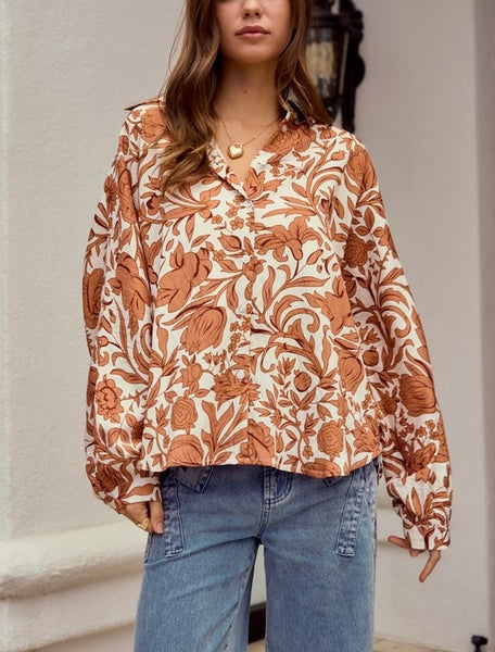Tuscan vines button up top  / cream & rust