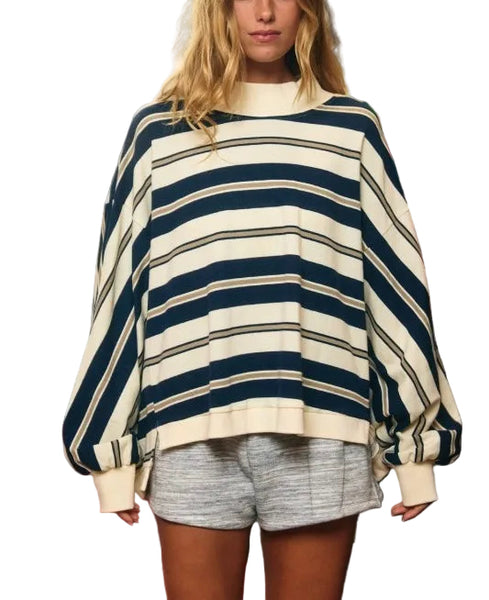 striped oversized mock neck sweatshirt / navy