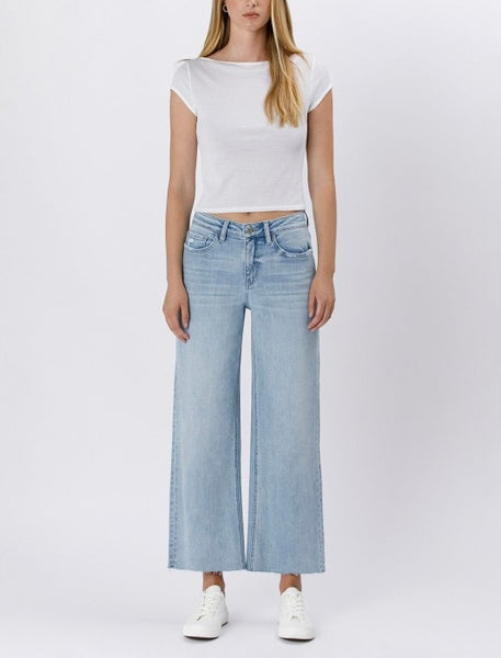 raw hem wide leg crop jean / light wash