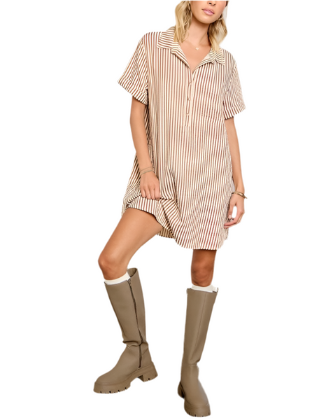 stripe shirtdress with pockets / tan