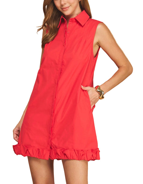 Katie ruffle hem shirt dress / red