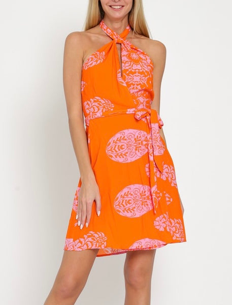 halter neck wrap dress // tangerine