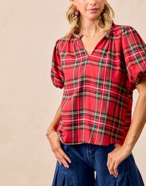 Christmas plaid puff sleeve top
