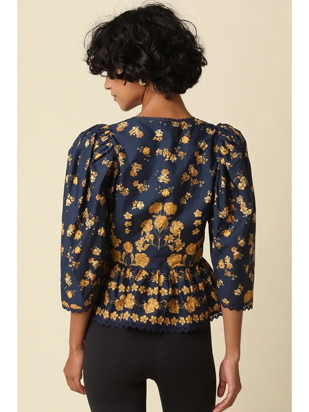 Arya Floral Puff Sleeve Top / Navy & Gold