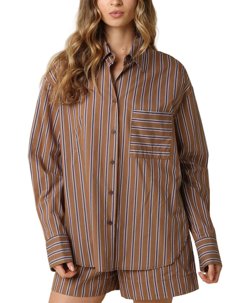 Jolie Stripe Oversized Button Up Shirt / Brown & Blue