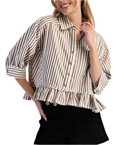 Olivia striped ruffle hem top / cocoa
