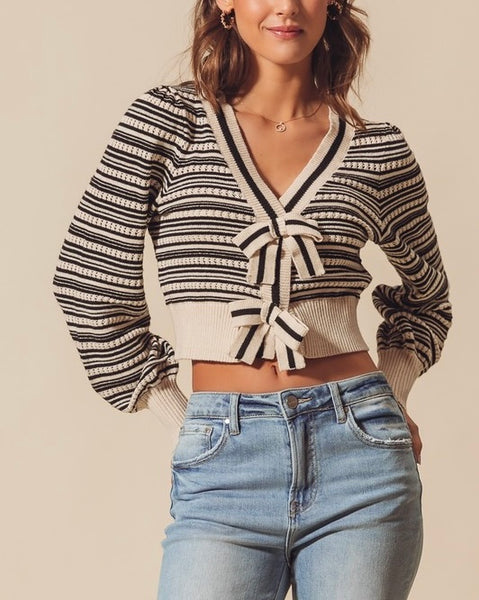 stripe bow sweater / oatmeal & black