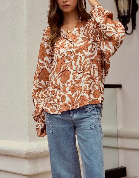 Tuscan vines button up top  / cream & rust
