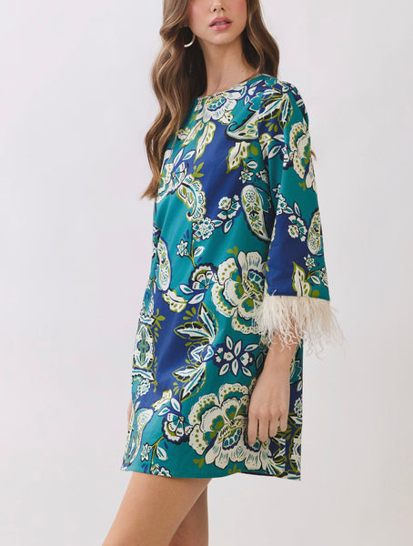 Feather Trim Floral dress / Teal multi