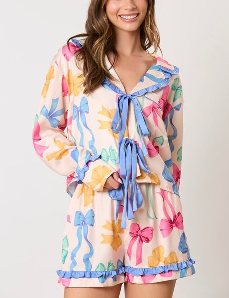 ribbon print satin pj set