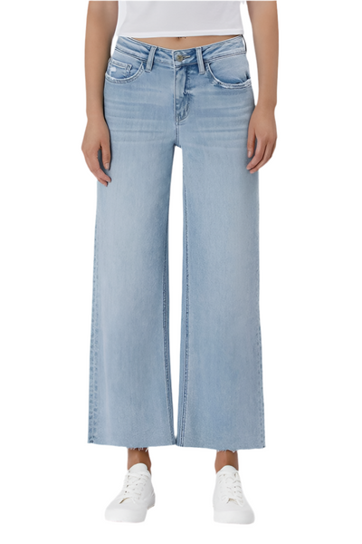raw hem wide leg crop jean / light wash
