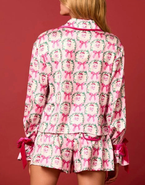 santa & bows satin pj set / pink