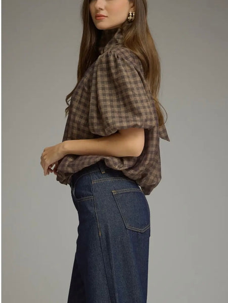 Gingham Puff Sleeve Top / Brown