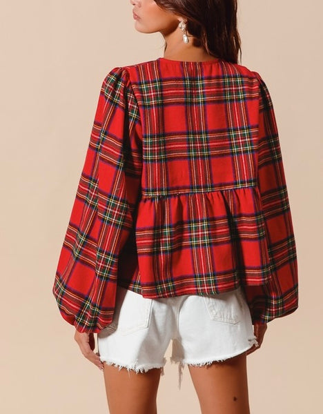 Christmas plaid front tie flannel top / red