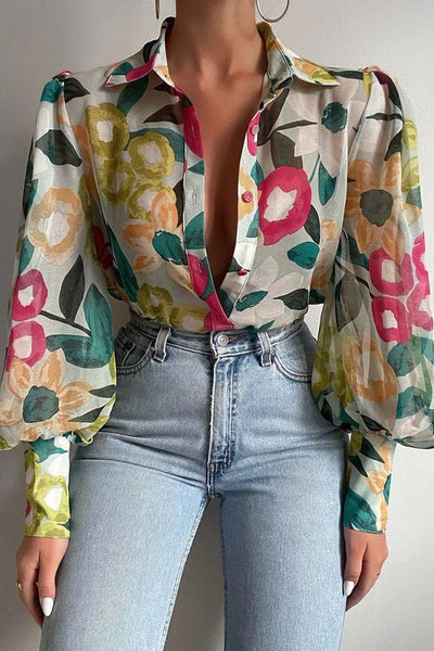 floral print lantern sleeve blouse // green