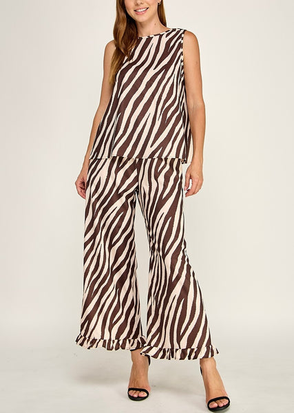 Zebra Satin Pant Set / Brown & Cream