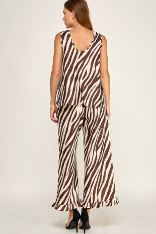 Zebra Satin Pant Set / Brown & Cream