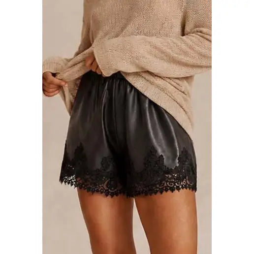 Andrea Faux Leather Lace Trim Short/ Black