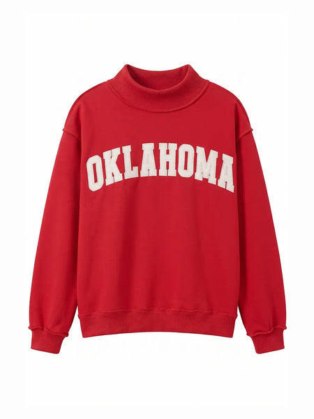 OKLAHOMA Embroidered Mock Neck Sweatshirt / Red (PREORDER ARRIVES APPROX.SEPT 20)