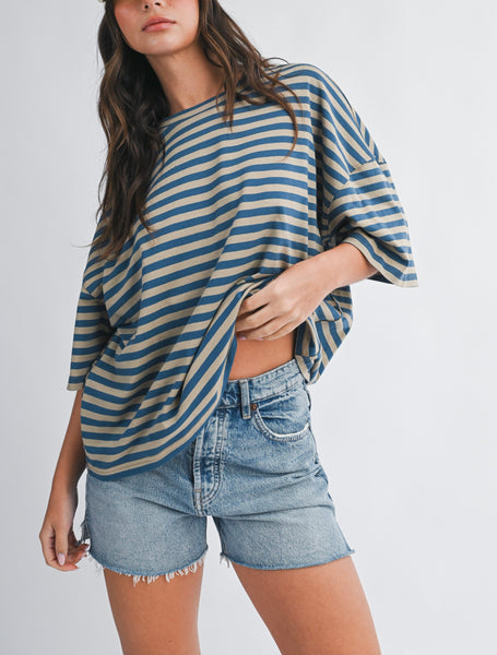 oversized stripe boyfriend tee / lt taupe & blue