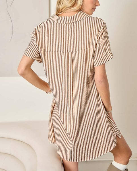 stripe shirtdress with pockets / tan