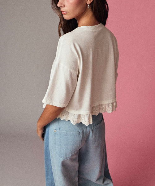 eyelet short sleeve top / white