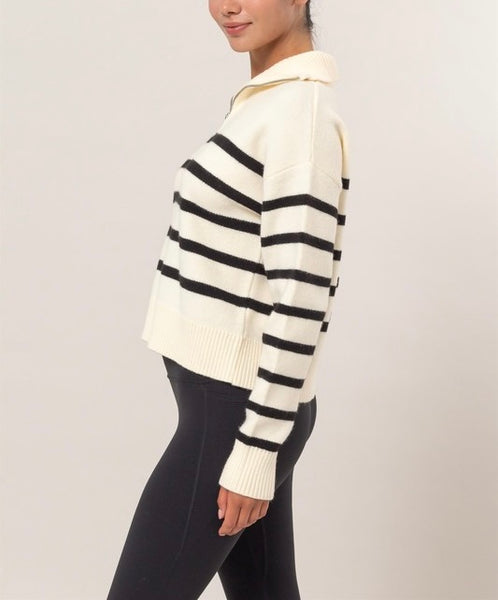 collared 1/4 zip stripe sweater // ivory & black