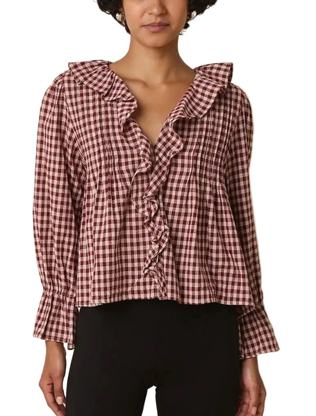Hazel Gingham Ruffle Top / Burgundy & Taupe
