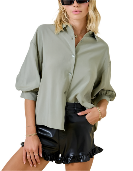 puff sleeve button up top / Lt. olive