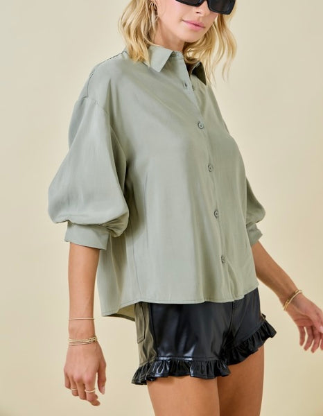 puff sleeve button up top / Lt. olive