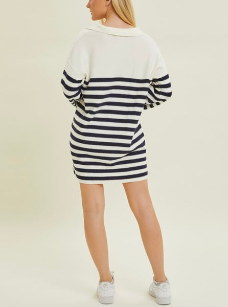 collared stripe knit dress // black & white