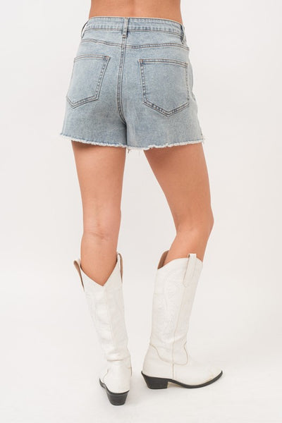 rhinestone fringe frayed denim short // light wash