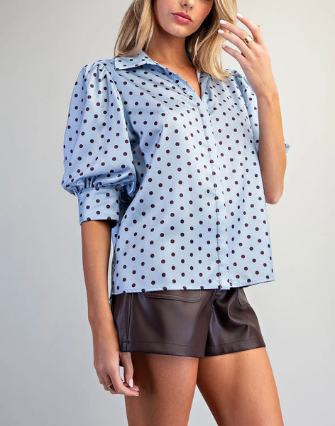 Satin Dot Top / Baby Blue & Brown