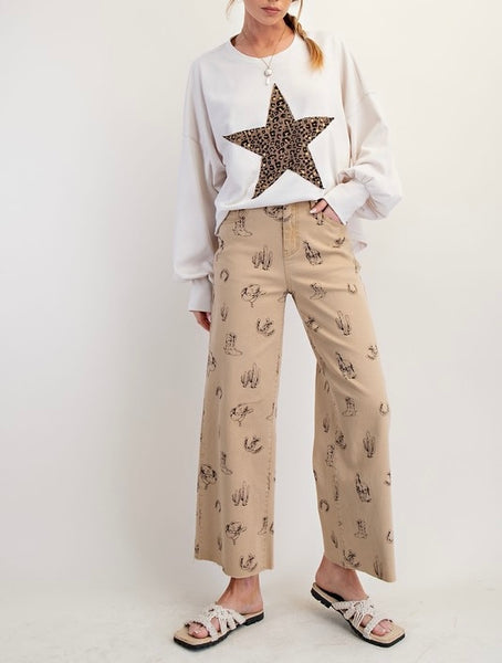 western print washed denim pant / tan