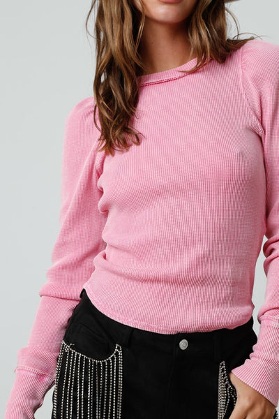 washed thremal puff sleeve pullover // pink