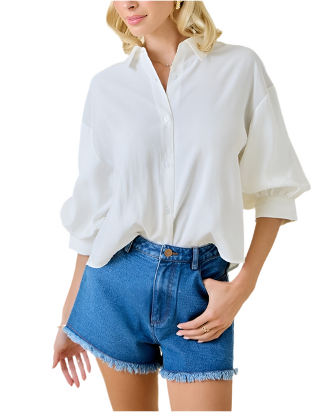 puff sleeve button up top / white