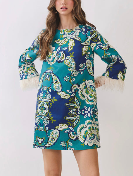 Feather Trim Floral dress / Teal multi