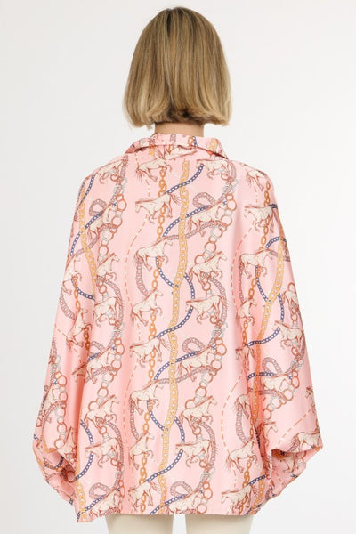 satin horse print oversized button up / pink