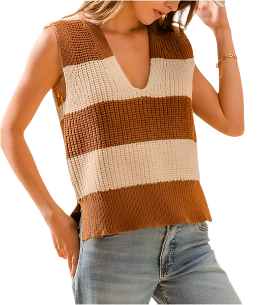 stripe v-neck sweater vest / coffee & cream