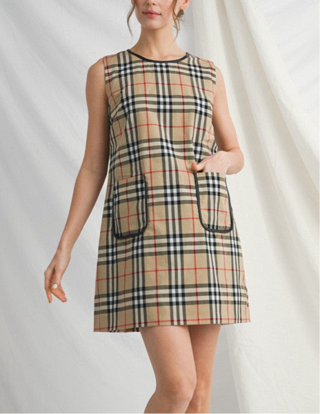 plaid sleeveless dress / tan